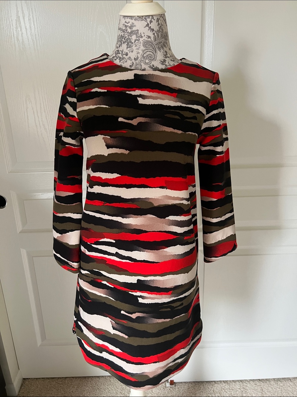 H&M Red, Black & Olive Wave-Stripe Mini Dress